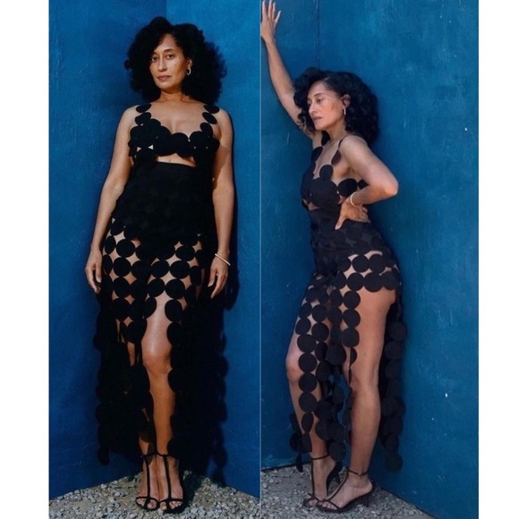 A.W.A.K.E. Mode Crepe Multi Circle Asymmetric Dress Black - Picture 2 of 16